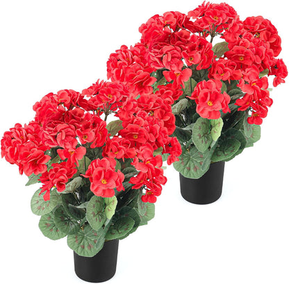 2Pcs Geranium Potted Artificial Flowers in Pots, Faux Outdoor Plants Realistic Geranium, Decorative Fake Potted Plants for Patio Garden Home Decoration, UV Resistant Artificial Flowers 16"Tall (Pink)