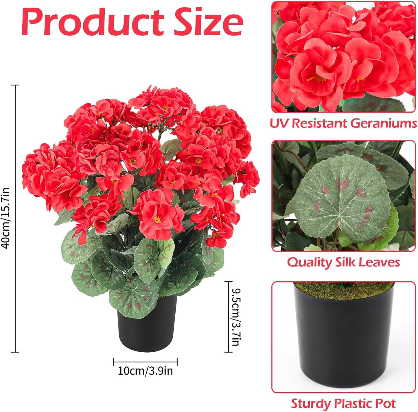 2Pcs Geranium Potted Artificial Flowers in Pots, Faux Outdoor Plants Realistic Geranium, Decorative Fake Potted Plants for Patio Garden Home Decoration, UV Resistant Artificial Flowers 16"Tall (Pink)