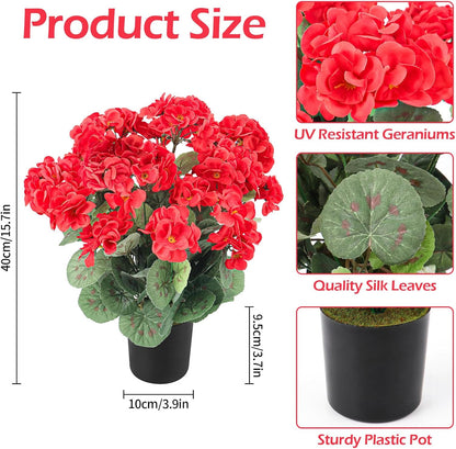 2Pcs Geranium Potted Artificial Flowers in Pots, Faux Outdoor Plants Realistic Geranium, Decorative Fake Potted Plants for Patio Garden Home Decoration, UV Resistant Artificial Flowers 16"Tall (Pink)