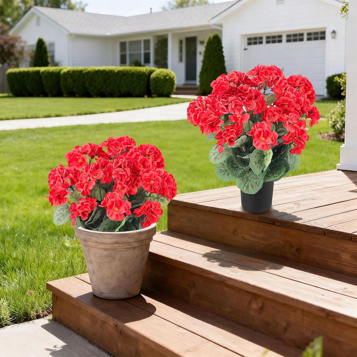2Pcs Geranium Potted Artificial Flowers in Pots, Faux Outdoor Plants Realistic Geranium, Decorative Fake Potted Plants for Patio Garden Home Decoration, UV Resistant Artificial Flowers 16"Tall (Pink)