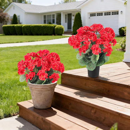 2Pcs Geranium Potted Artificial Flowers in Pots, Faux Outdoor Plants Realistic Geranium, Decorative Fake Potted Plants for Patio Garden Home Decoration, UV Resistant Artificial Flowers 16"Tall (Pink)