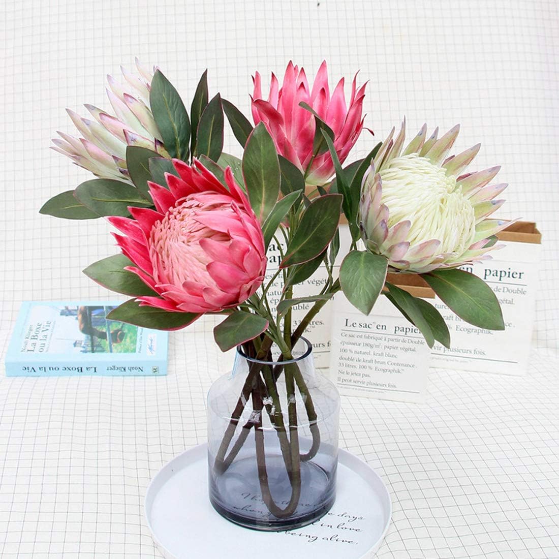 1 Pcs 55 CM the King Protea (Protea Cynaroides) Artificial Flowers Plants for Home Garden Wedding Party Decoration (Rose Red)