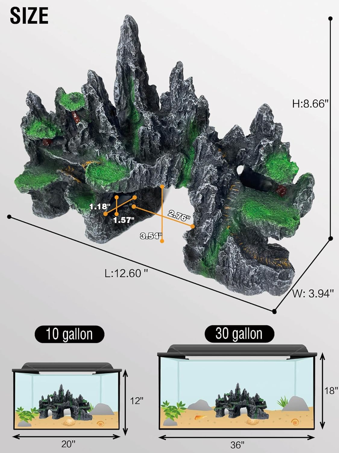 Large Fish Tank Decoration - Mountain View Aquarium Ornament Accessories with Tree House,Caves,Hideout,Hideaway,for 40 Gallon Fish Tank, Artificial Rock aquascaping Fish Tank Décor