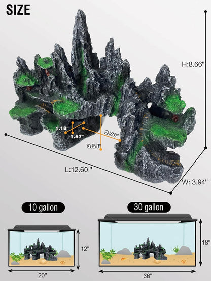 Large Fish Tank Decoration - Mountain View Aquarium Ornament Accessories with Tree House,Caves,Hideout,Hideaway,for 40 Gallon Fish Tank, Artificial Rock aquascaping Fish Tank Décor