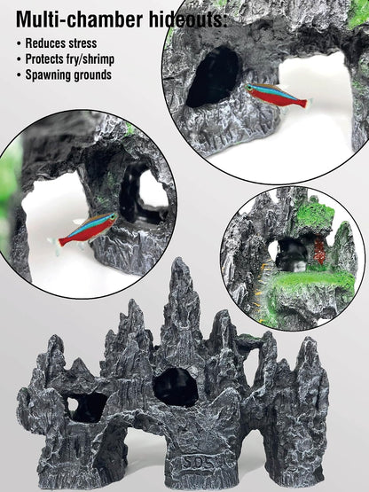 Large Fish Tank Decoration - Mountain View Aquarium Ornament Accessories with Tree House,Caves,Hideout,Hideaway,for 40 Gallon Fish Tank, Artificial Rock aquascaping Fish Tank Décor