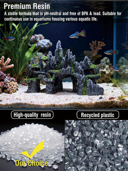 Large Fish Tank Decoration - Mountain View Aquarium Ornament Accessories with Tree House,Caves,Hideout,Hideaway,for 40 Gallon Fish Tank, Artificial Rock aquascaping Fish Tank Décor