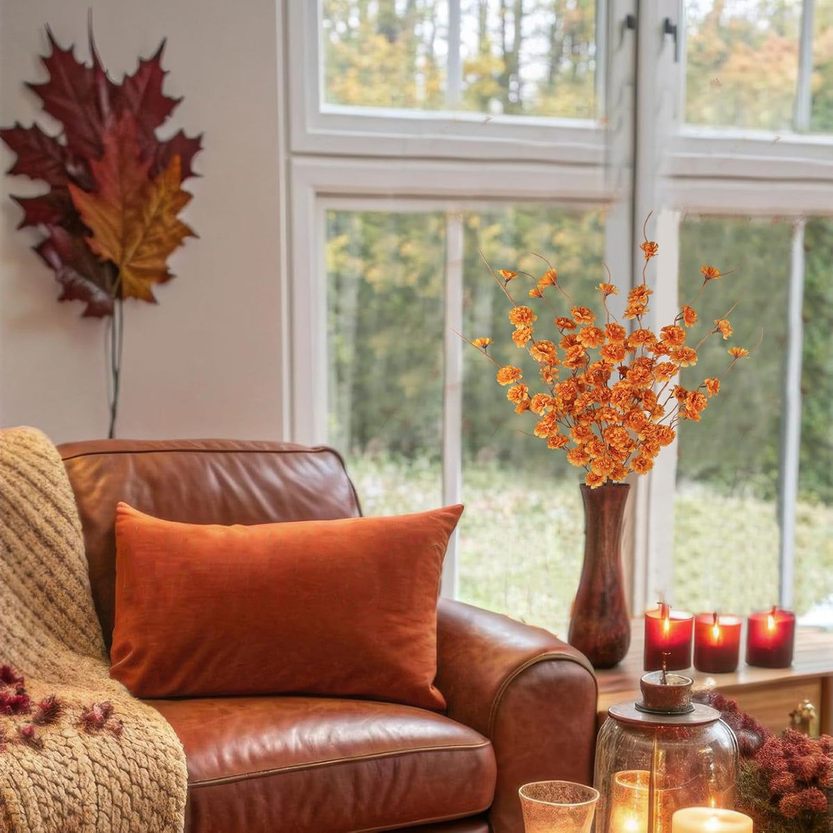 3 Pcs Artificial Fall Flowers Orange Fall Floral Stems Fake Forsythia Flower with Long Stem 42.5" Faux Flowers Branches for Tall Vase Floral Arrangements Harvest Festival Thanksgiving Decor