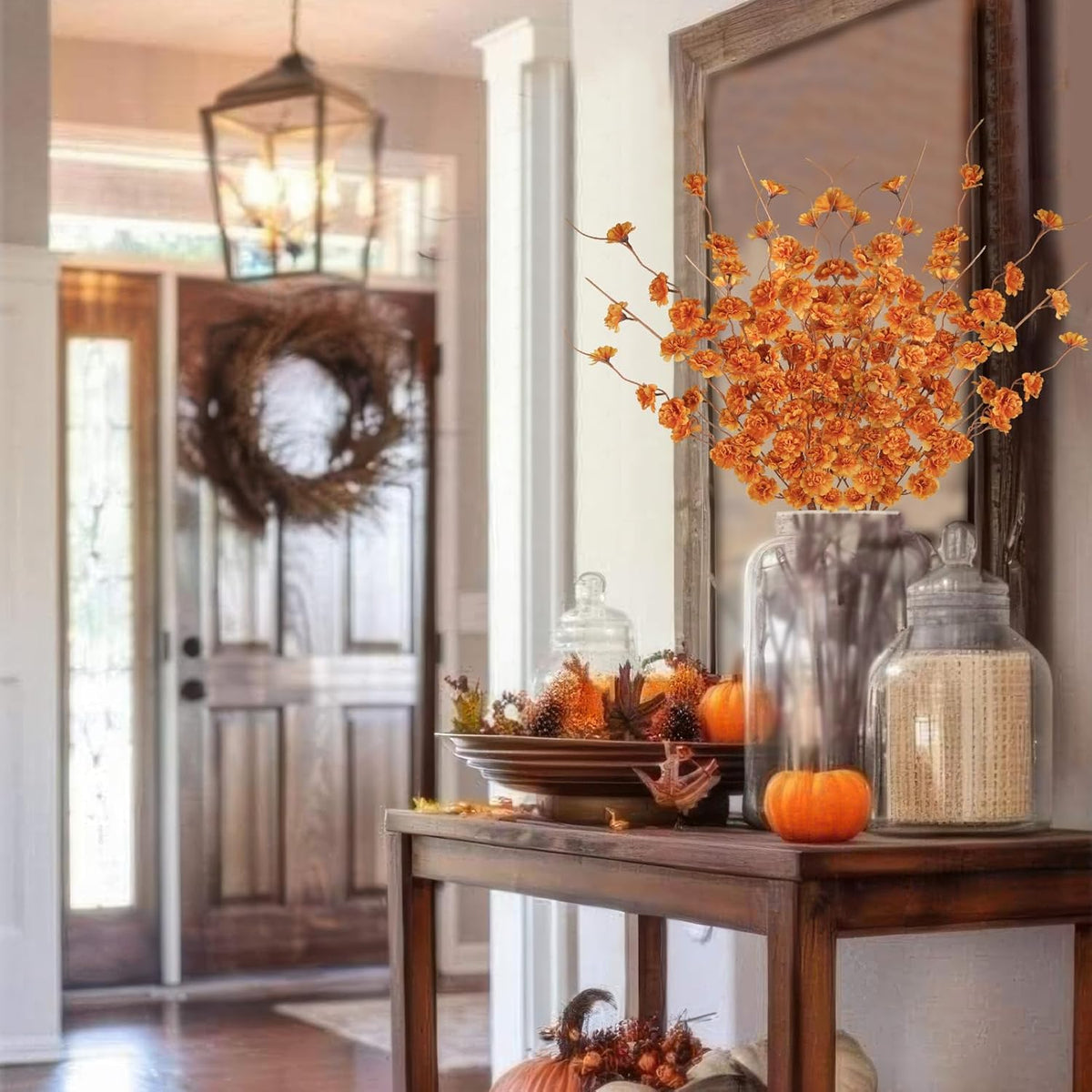 3 Pcs Artificial Fall Flowers Orange Fall Floral Stems Fake Forsythia Flower with Long Stem 42.5" Faux Flowers Branches for Tall Vase Floral Arrangements Harvest Festival Thanksgiving Decor