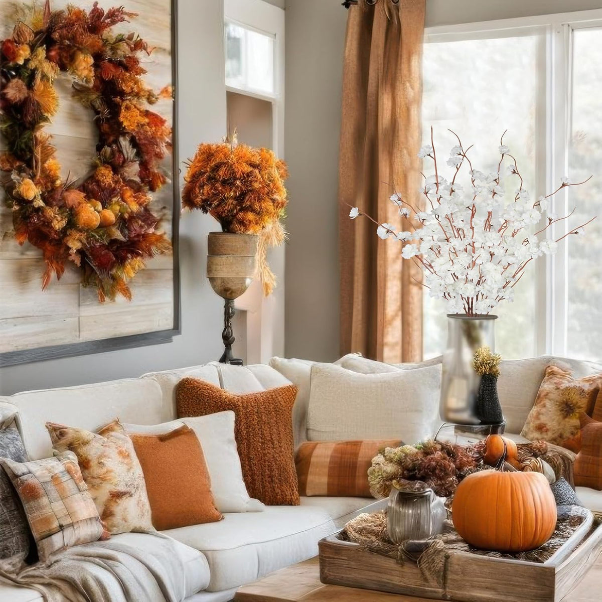 3 Pcs Artificial Fall Flowers Orange Fall Floral Stems Fake Forsythia Flower with Long Stem 42.5" Faux Flowers Branches for Tall Vase Floral Arrangements Harvest Festival Thanksgiving Decor