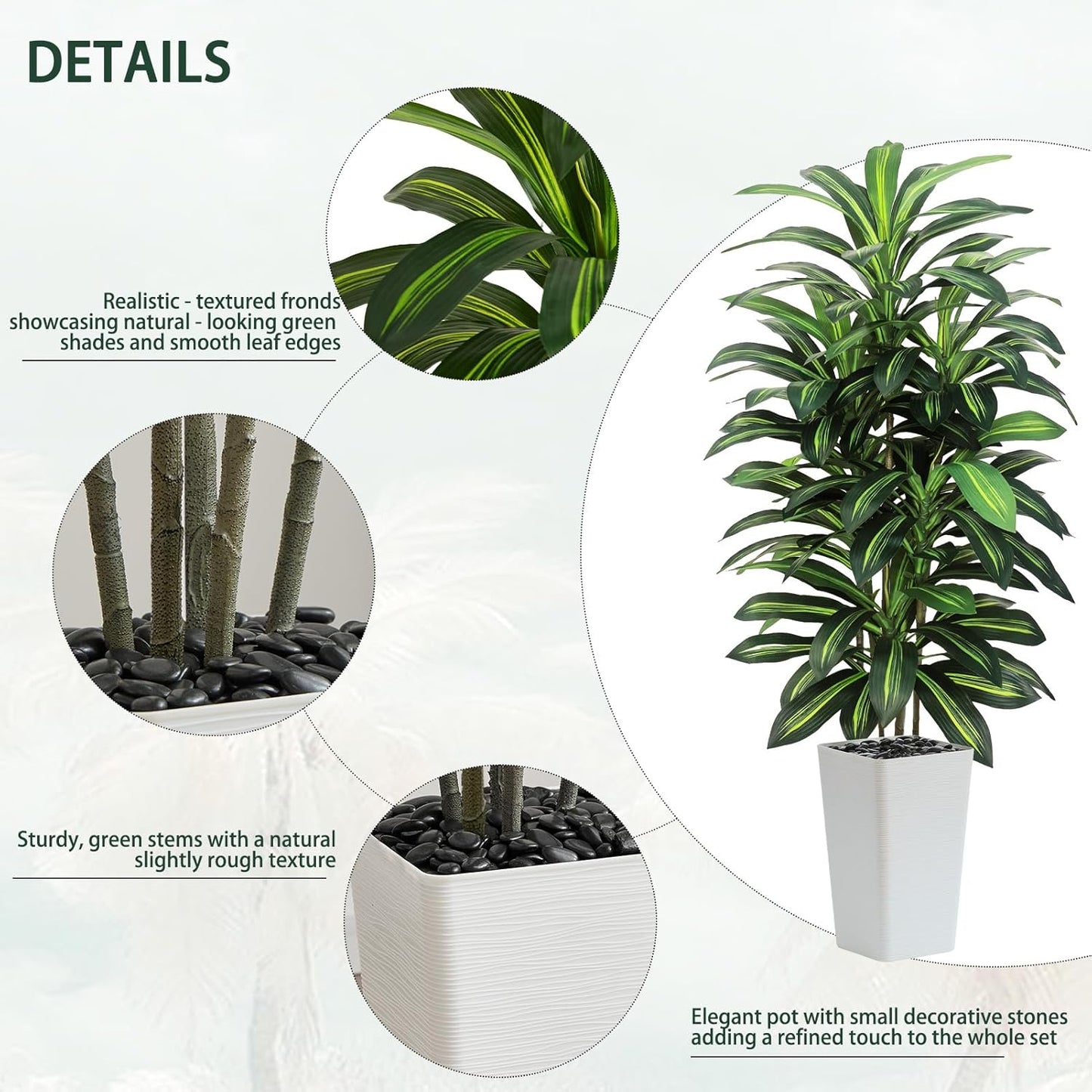 Artificial Dracaena Tree Indoor, 6FT Tall Fake Floor Plants with White Planter & Pebbles, Faux Silk Yucca Tree for Home Office Living Room Bedroom Farmhouse Modern Outdoor Topiary Tree