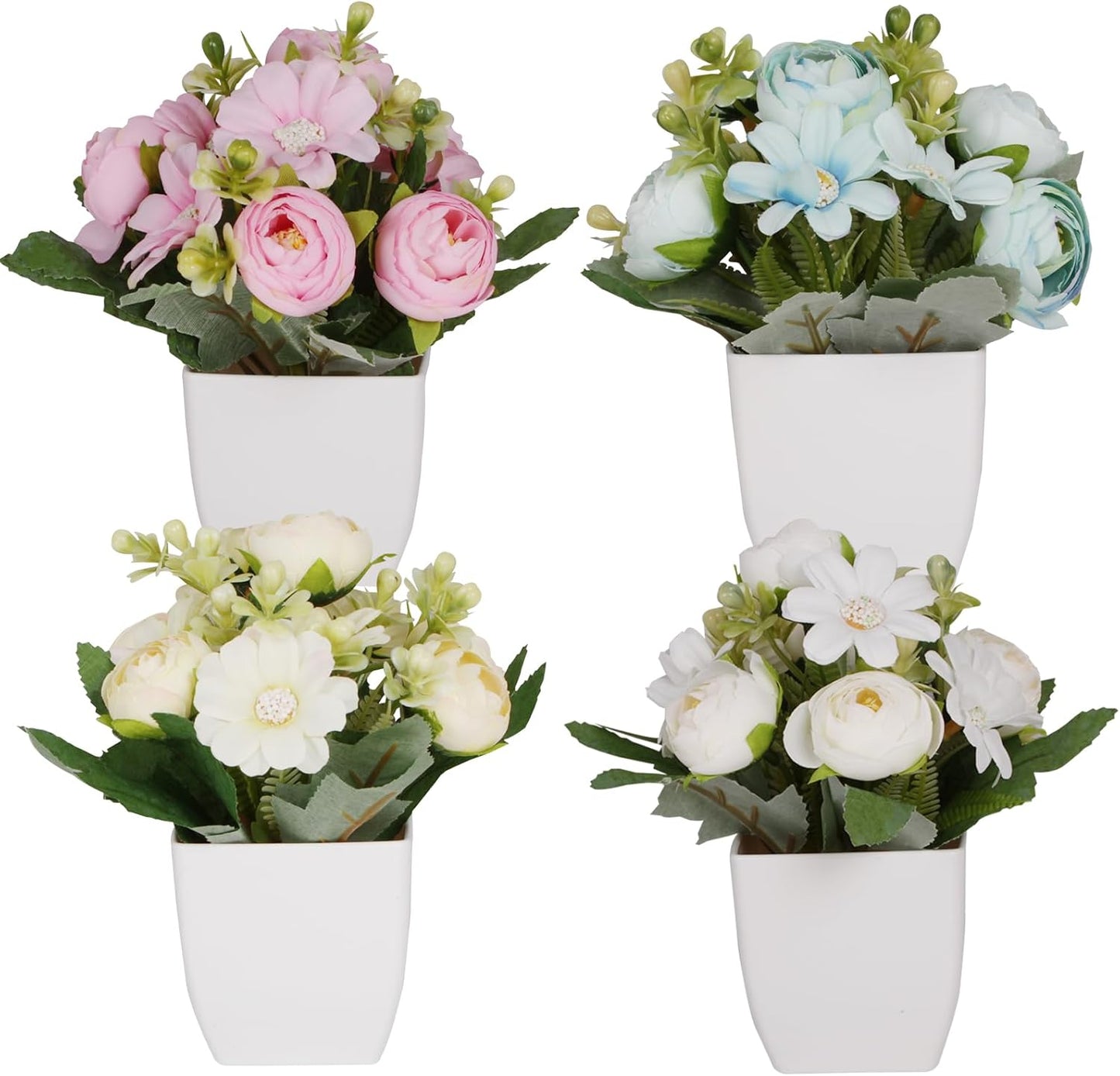 4Packs Small Fake Plant Mini Flower Potted Plants with Camellia for Home Indoor Outdoor Small Decorations