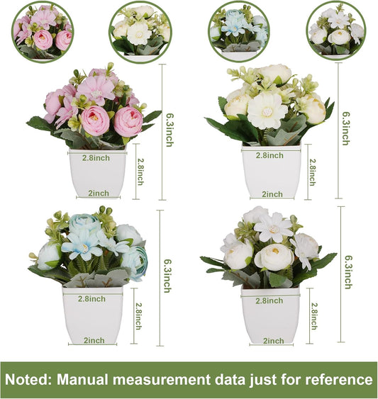 4Packs Small Fake Plant Mini Flower Potted Plants with Camellia for Home Indoor Outdoor Small Decorations