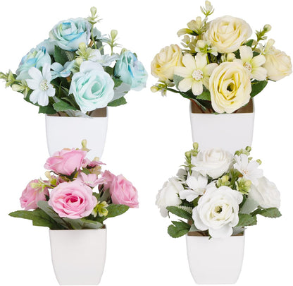 4Packs Small Fake Plant Mini Flower Potted Plants with Camellia for Home Indoor Outdoor Small Decorations