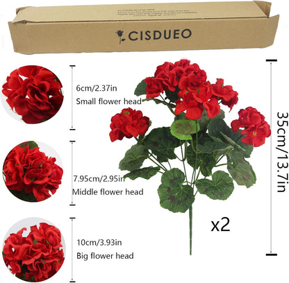 2 Pcs Artificial Geranium Flowers for Outdoors Silk Flowers Outside UV Resistant Red Fake Geraniums Bush Faux Flowers for Planter Outdoor Decor Indoor Garden Patio Table Centerpiece