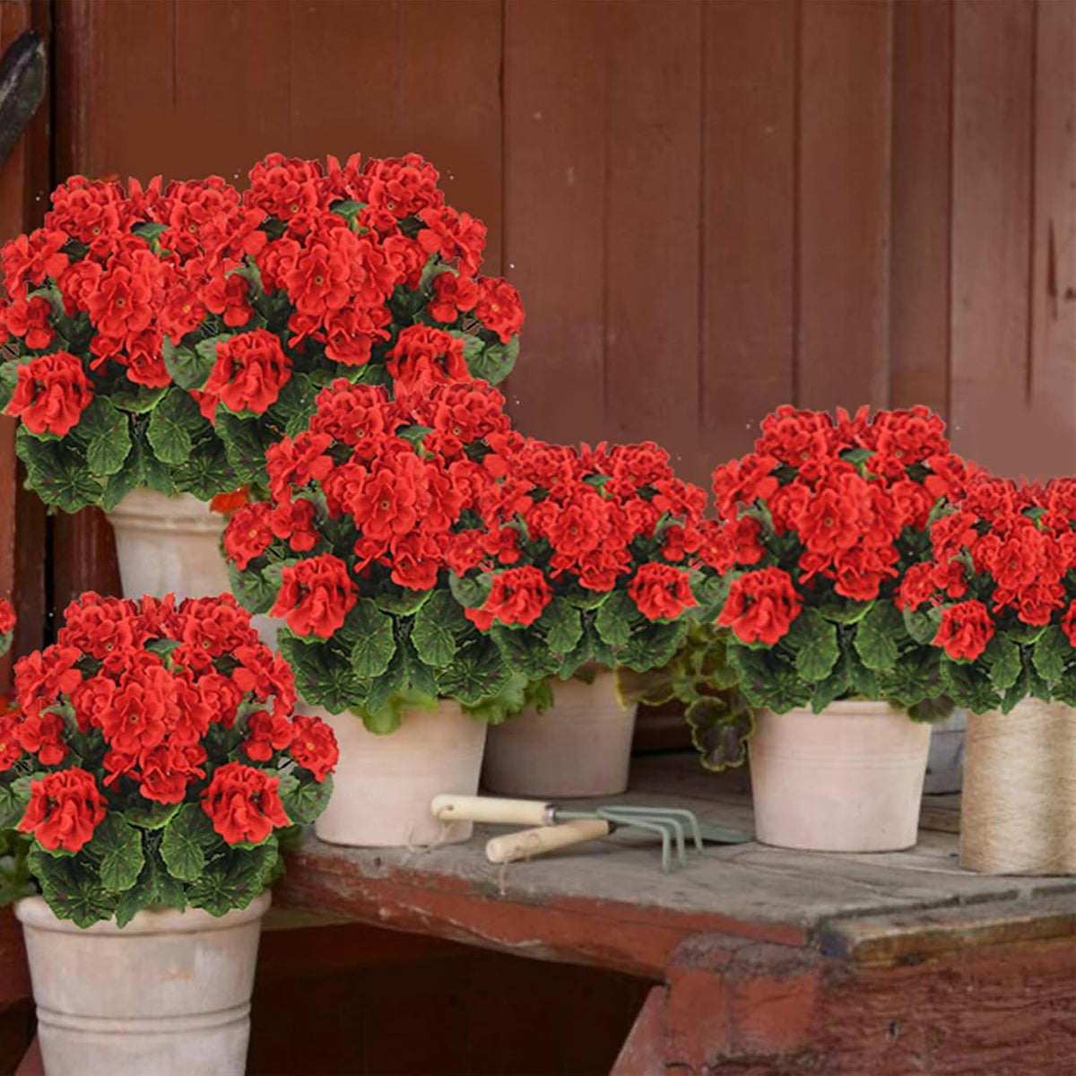 2 Pcs Artificial Geranium Flowers for Outdoors Silk Flowers Outside UV Resistant Red Fake Geraniums Bush Faux Flowers for Planter Outdoor Decor Indoor Garden Patio Table Centerpiece