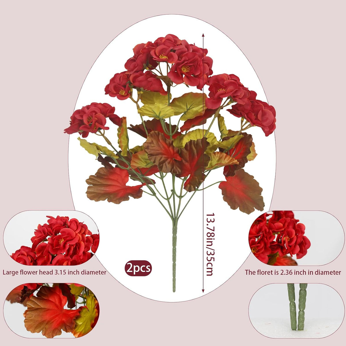 2 Pcs Artificial Geranium Flowers for Outdoors Silk Flowers Outside UV Resistant Red Fake Geraniums Bush Faux Flowers for Planter Outdoor Decor Indoor Garden Patio Table Centerpiece