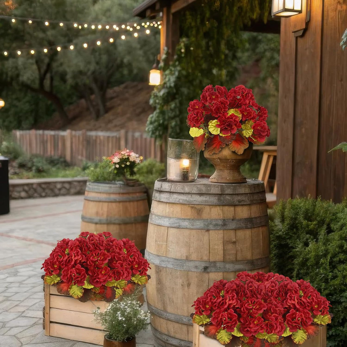 2 Pcs Artificial Geranium Flowers for Outdoors Silk Flowers Outside UV Resistant Red Fake Geraniums Bush Faux Flowers for Planter Outdoor Decor Indoor Garden Patio Table Centerpiece