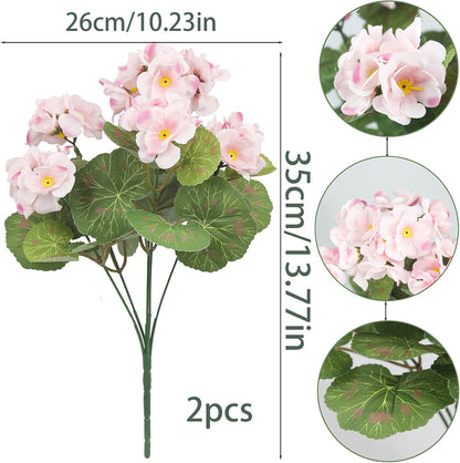 2 Pcs Artificial Geranium Flowers for Outdoors Silk Flowers Outside UV Resistant Red Fake Geraniums Bush Faux Flowers for Planter Outdoor Decor Indoor Garden Patio Table Centerpiece