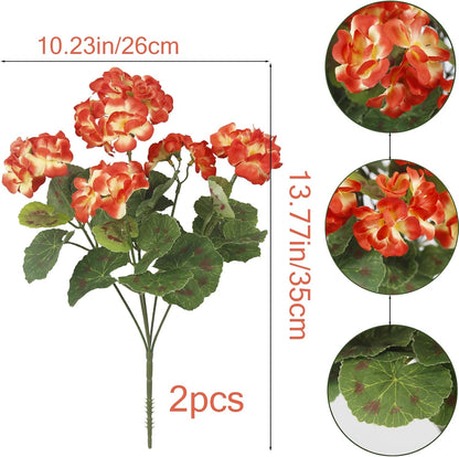 2 Pcs Artificial Geranium Flowers for Outdoors Silk Flowers Outside UV Resistant Red Fake Geraniums Bush Faux Flowers for Planter Outdoor Decor Indoor Garden Patio Table Centerpiece