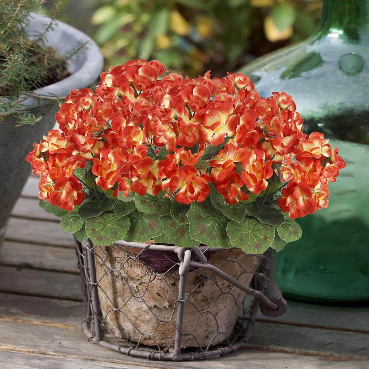 2 Pcs Artificial Geranium Flowers for Outdoors Silk Flowers Outside UV Resistant Red Fake Geraniums Bush Faux Flowers for Planter Outdoor Decor Indoor Garden Patio Table Centerpiece