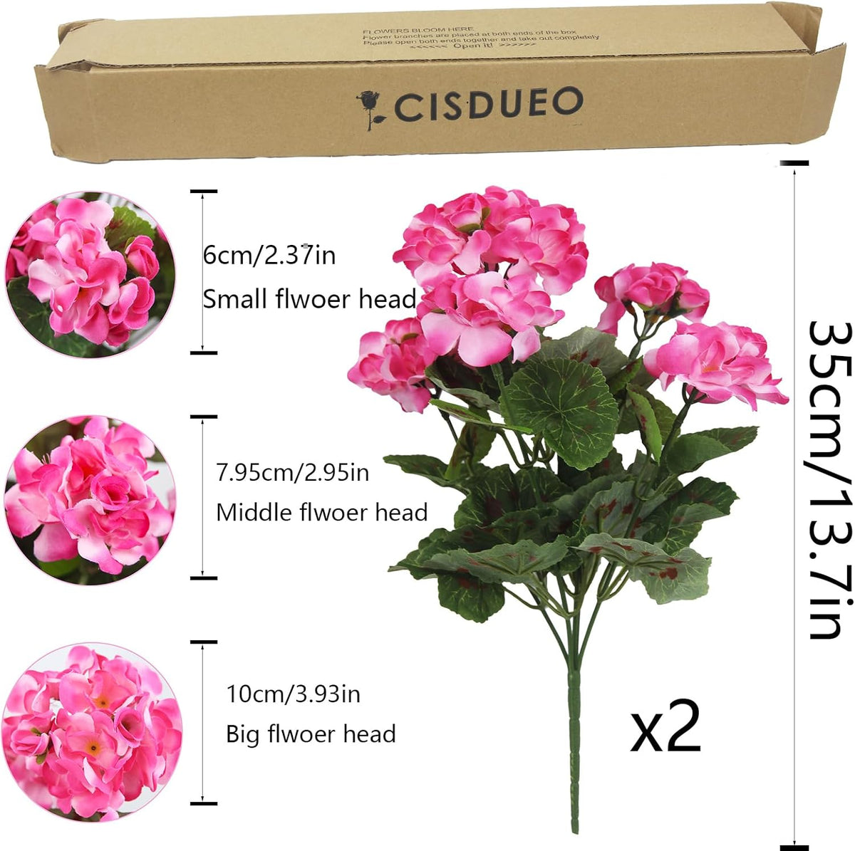 2 Pcs Artificial Geranium Flowers for Outdoors Silk Flowers Outside UV Resistant Red Fake Geraniums Bush Faux Flowers for Planter Outdoor Decor Indoor Garden Patio Table Centerpiece