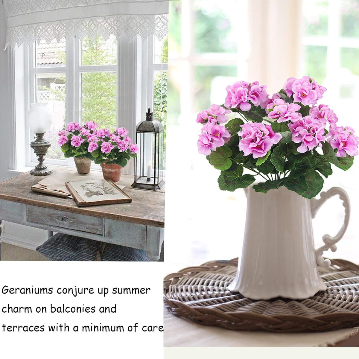 2 Pcs Artificial Geranium Flowers for Outdoors Silk Flowers Outside UV Resistant Red Fake Geraniums Bush Faux Flowers for Planter Outdoor Decor Indoor Garden Patio Table Centerpiece