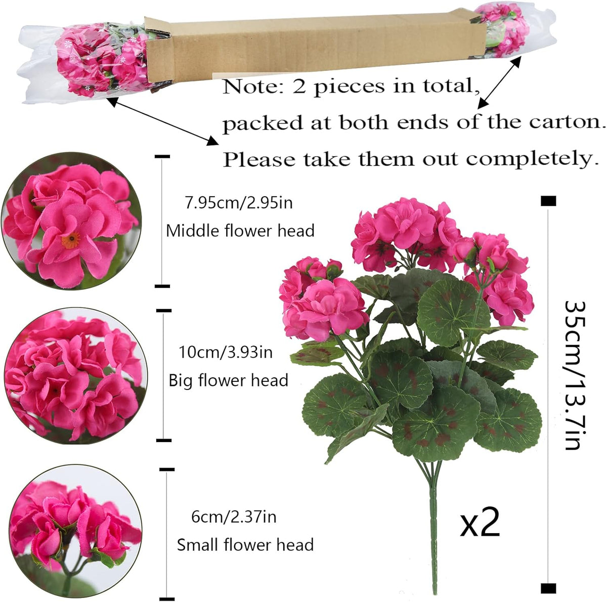 2 Pcs Artificial Geranium Flowers for Outdoors Silk Flowers Outside UV Resistant Red Fake Geraniums Bush Faux Flowers for Planter Outdoor Decor Indoor Garden Patio Table Centerpiece