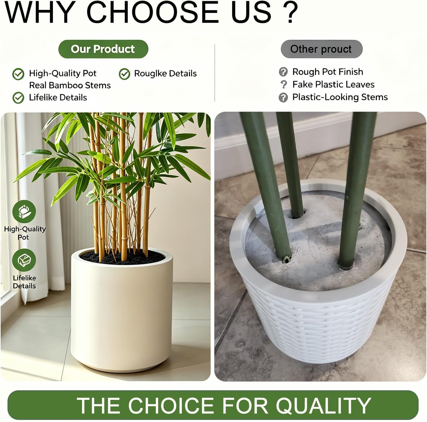 Fake Bamboo Plants - 6.5FT Tall Artificial Bamboo Tree with White Planter and Real Wood Poles - Lifelike Silk Faux Potted Plants for Indoor Home Office Decor