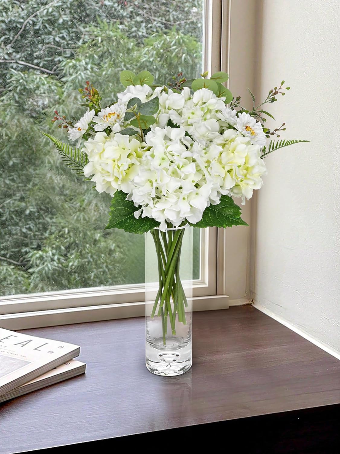 Dahlia Artificial Flowers, 12PCS Mixed White Faux Flowers with Dahlia & Daisies, Up to 20.4 Inch Long Silk Fake Flowers for Vase DIY Wedding Bouquet Party Centerpieces Arrangement Home Decor