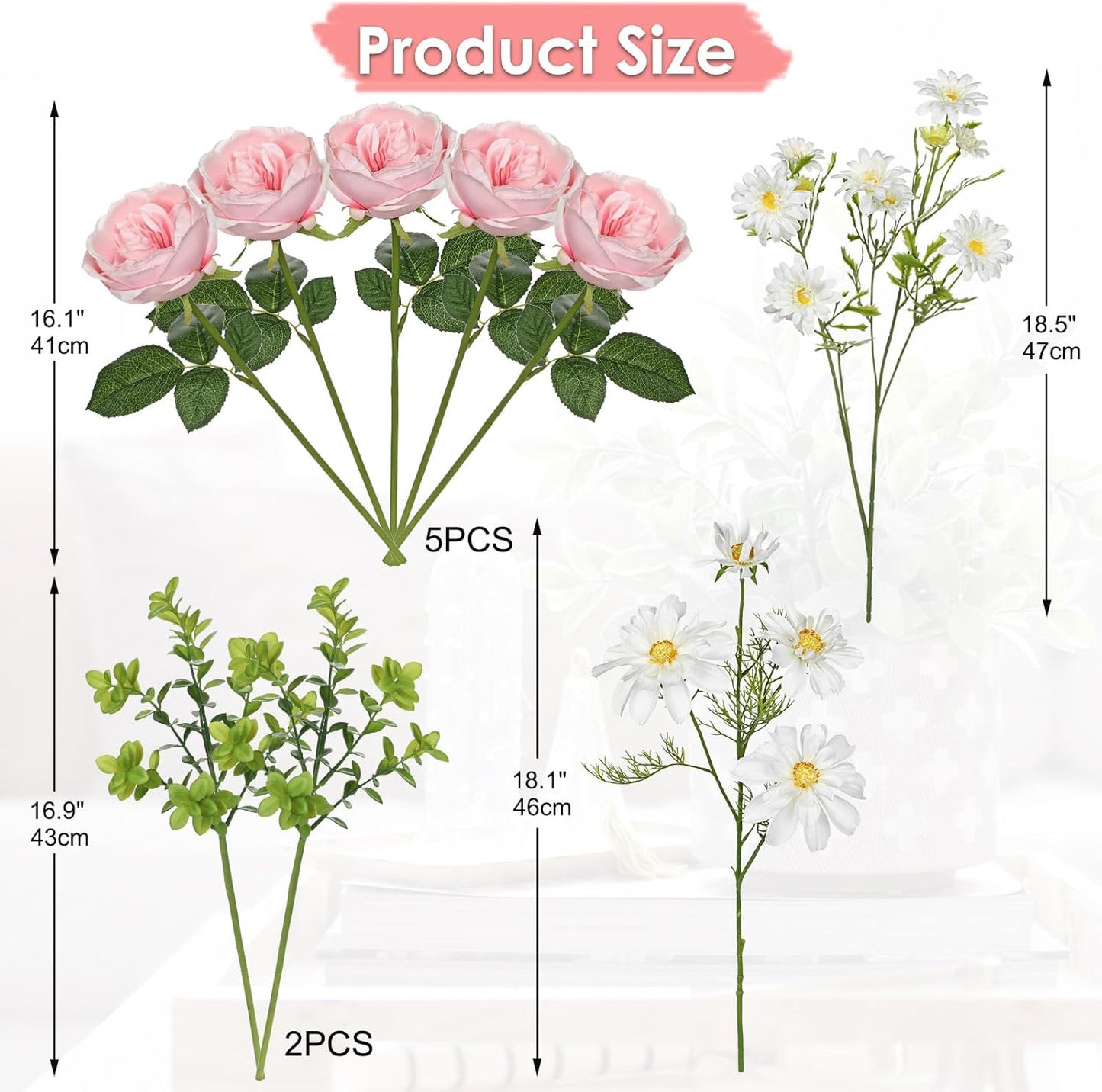 Dahlia Artificial Flowers, 12PCS Mixed White Faux Flowers with Dahlia & Daisies, Up to 20.4 Inch Long Silk Fake Flowers for Vase DIY Wedding Bouquet Party Centerpieces Arrangement Home Decor