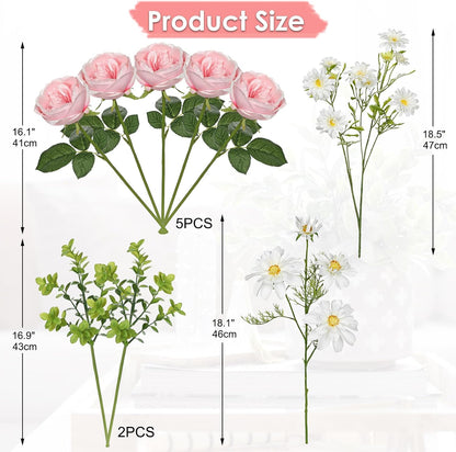 Dahlia Artificial Flowers, 12PCS Mixed White Faux Flowers with Dahlia & Daisies, Up to 20.4 Inch Long Silk Fake Flowers for Vase DIY Wedding Bouquet Party Centerpieces Arrangement Home Decor