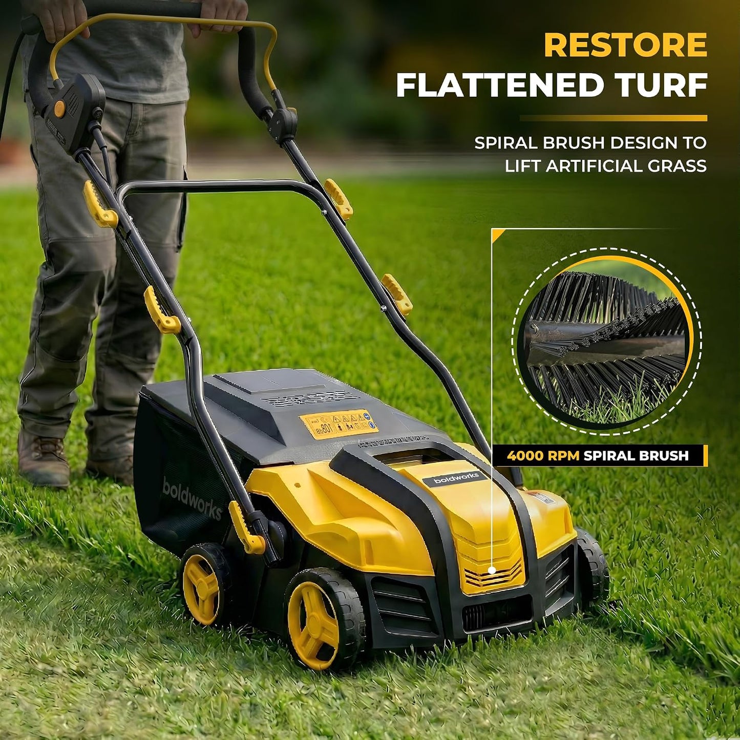 Electric Artificial Turf Sweeper 16” Artificial Grass Sweeper Vacuum with 45L Collection Bag 5 Height Adjustment Foldable Turf Power Broom for Artificial Grass Cleaning