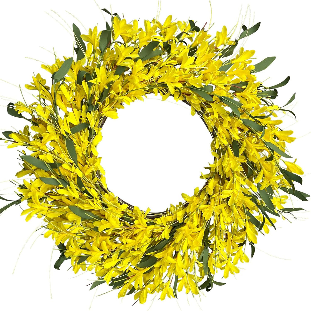 Yellow forsythia Door Wreath, 24 Inch Summer Wreaths for Front Door Outside, Hand Made Artificial Forsythia Flower Wreath for Front Door Window Wall Farmhouse Home Gift