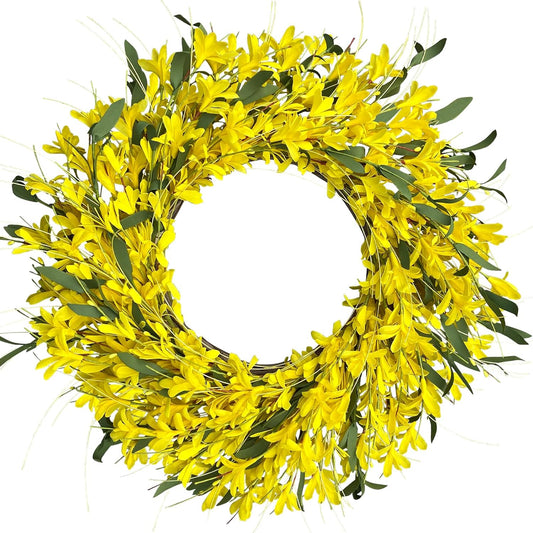 Yellow forsythia Door Wreath, 24 Inch Summer Wreaths for Front Door Outside, Hand Made Artificial Forsythia Flower Wreath for Front Door Window Wall Farmhouse Home Gift