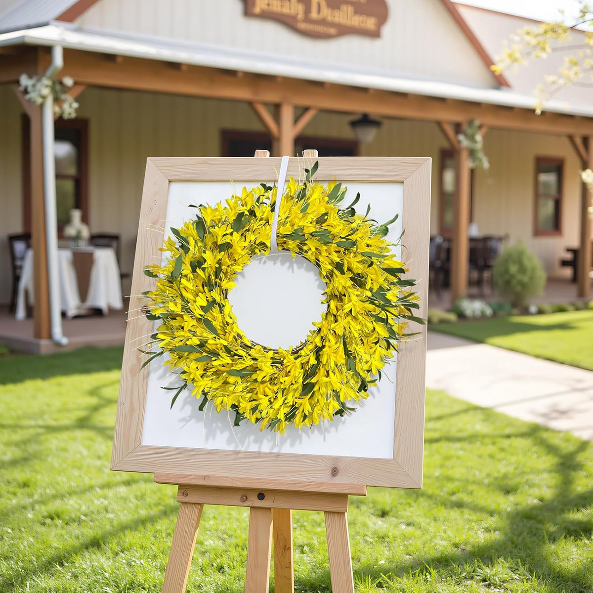 Yellow forsythia Door Wreath, 24 Inch Summer Wreaths for Front Door Outside, Hand Made Artificial Forsythia Flower Wreath for Front Door Window Wall Farmhouse Home Gift