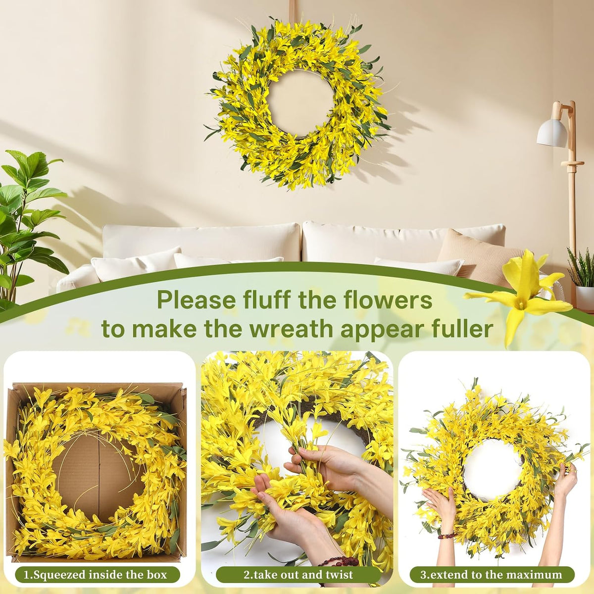 Yellow forsythia Door Wreath, 24 Inch Summer Wreaths for Front Door Outside, Hand Made Artificial Forsythia Flower Wreath for Front Door Window Wall Farmhouse Home Gift