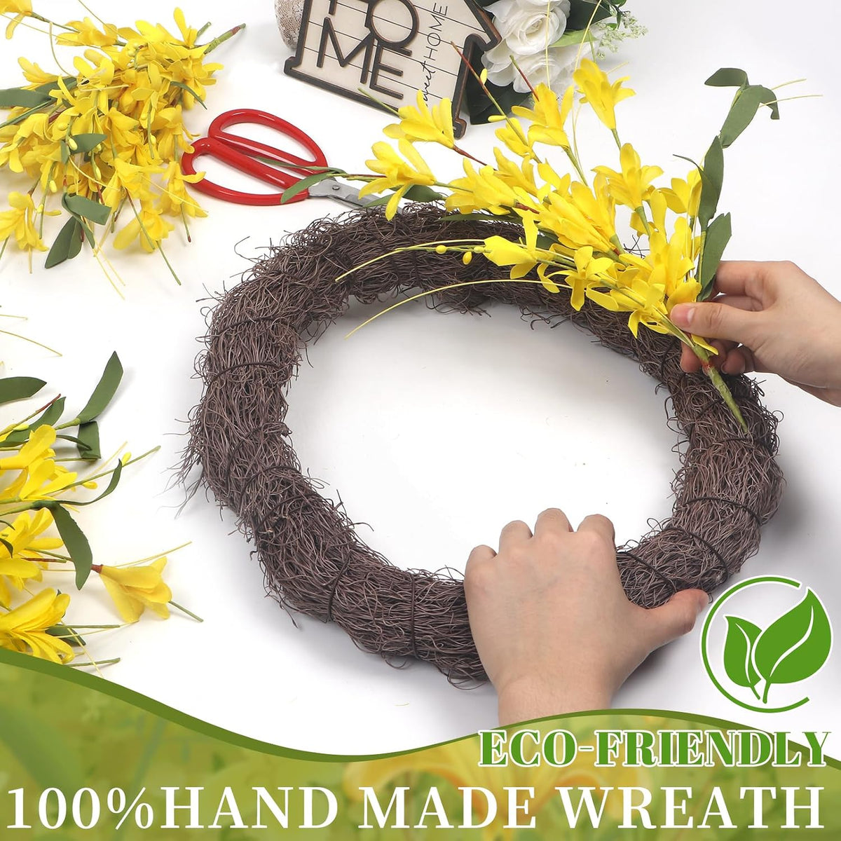 Yellow forsythia Door Wreath, 24 Inch Summer Wreaths for Front Door Outside, Hand Made Artificial Forsythia Flower Wreath for Front Door Window Wall Farmhouse Home Gift