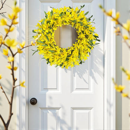 Yellow forsythia Door Wreath, 24 Inch Summer Wreaths for Front Door Outside, Hand Made Artificial Forsythia Flower Wreath for Front Door Window Wall Farmhouse Home Gift