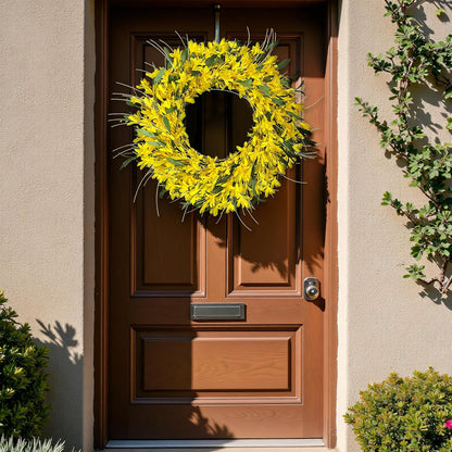 Yellow forsythia Door Wreath, 24 Inch Summer Wreaths for Front Door Outside, Hand Made Artificial Forsythia Flower Wreath for Front Door Window Wall Farmhouse Home Gift