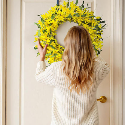 Yellow forsythia Door Wreath, 24 Inch Summer Wreaths for Front Door Outside, Hand Made Artificial Forsythia Flower Wreath for Front Door Window Wall Farmhouse Home Gift