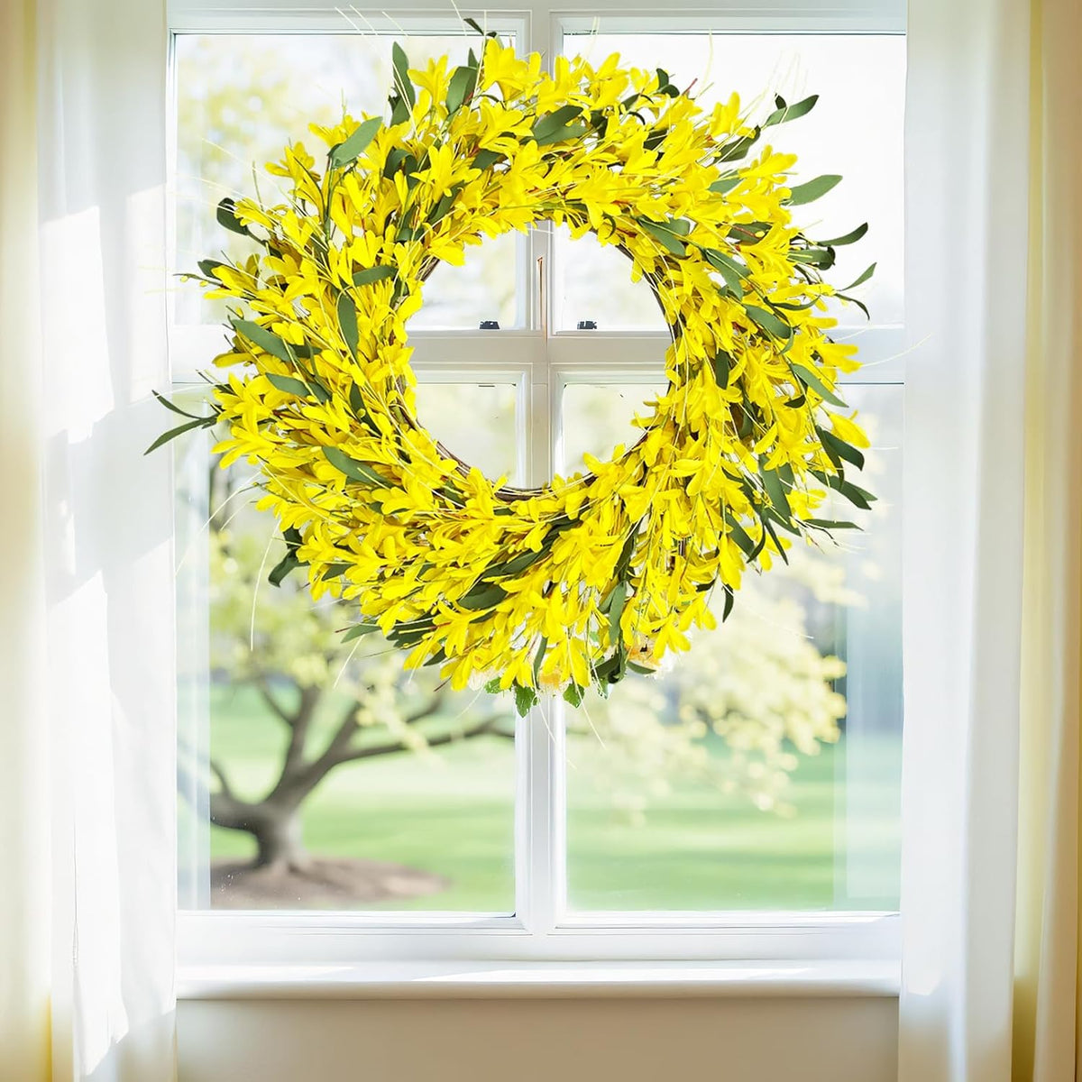 Yellow forsythia Door Wreath, 24 Inch Summer Wreaths for Front Door Outside, Hand Made Artificial Forsythia Flower Wreath for Front Door Window Wall Farmhouse Home Gift