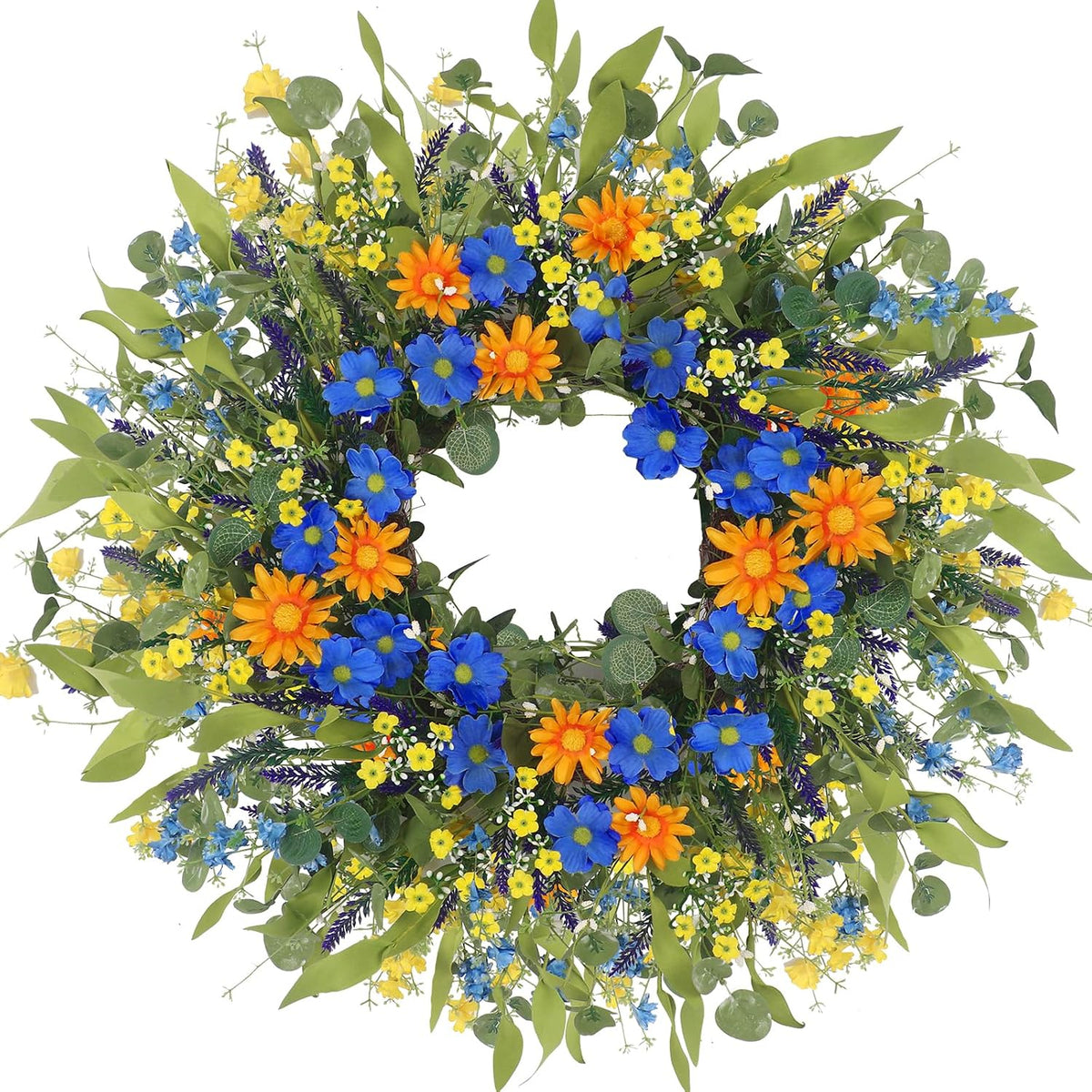 Yellow forsythia Door Wreath, 24 Inch Summer Wreaths for Front Door Outside, Hand Made Artificial Forsythia Flower Wreath for Front Door Window Wall Farmhouse Home Gift