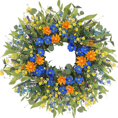 Yellow forsythia Door Wreath, 24 Inch Summer Wreaths for Front Door Outside, Hand Made Artificial Forsythia Flower Wreath for Front Door Window Wall Farmhouse Home Gift
