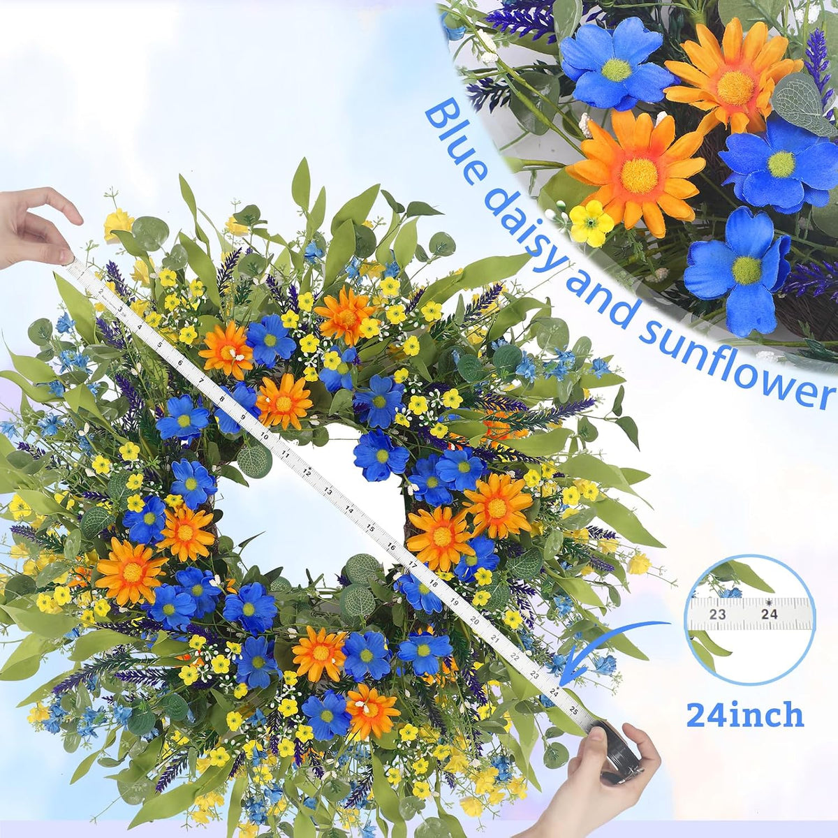Yellow forsythia Door Wreath, 24 Inch Summer Wreaths for Front Door Outside, Hand Made Artificial Forsythia Flower Wreath for Front Door Window Wall Farmhouse Home Gift