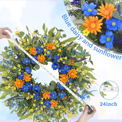 Yellow forsythia Door Wreath, 24 Inch Summer Wreaths for Front Door Outside, Hand Made Artificial Forsythia Flower Wreath for Front Door Window Wall Farmhouse Home Gift