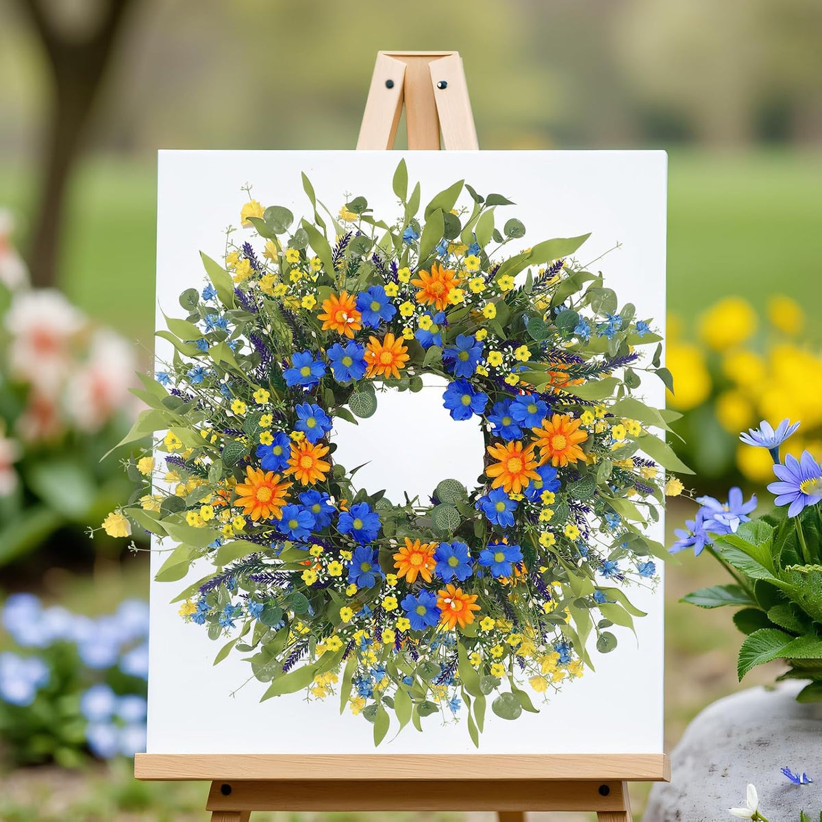 Yellow forsythia Door Wreath, 24 Inch Summer Wreaths for Front Door Outside, Hand Made Artificial Forsythia Flower Wreath for Front Door Window Wall Farmhouse Home Gift