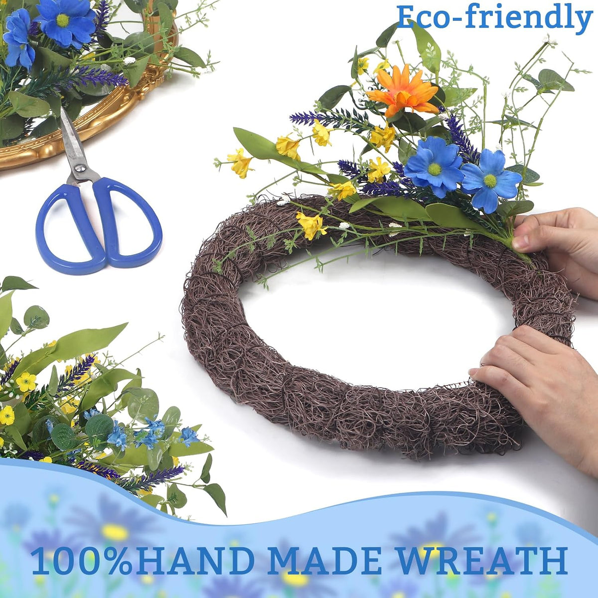 Yellow forsythia Door Wreath, 24 Inch Summer Wreaths for Front Door Outside, Hand Made Artificial Forsythia Flower Wreath for Front Door Window Wall Farmhouse Home Gift