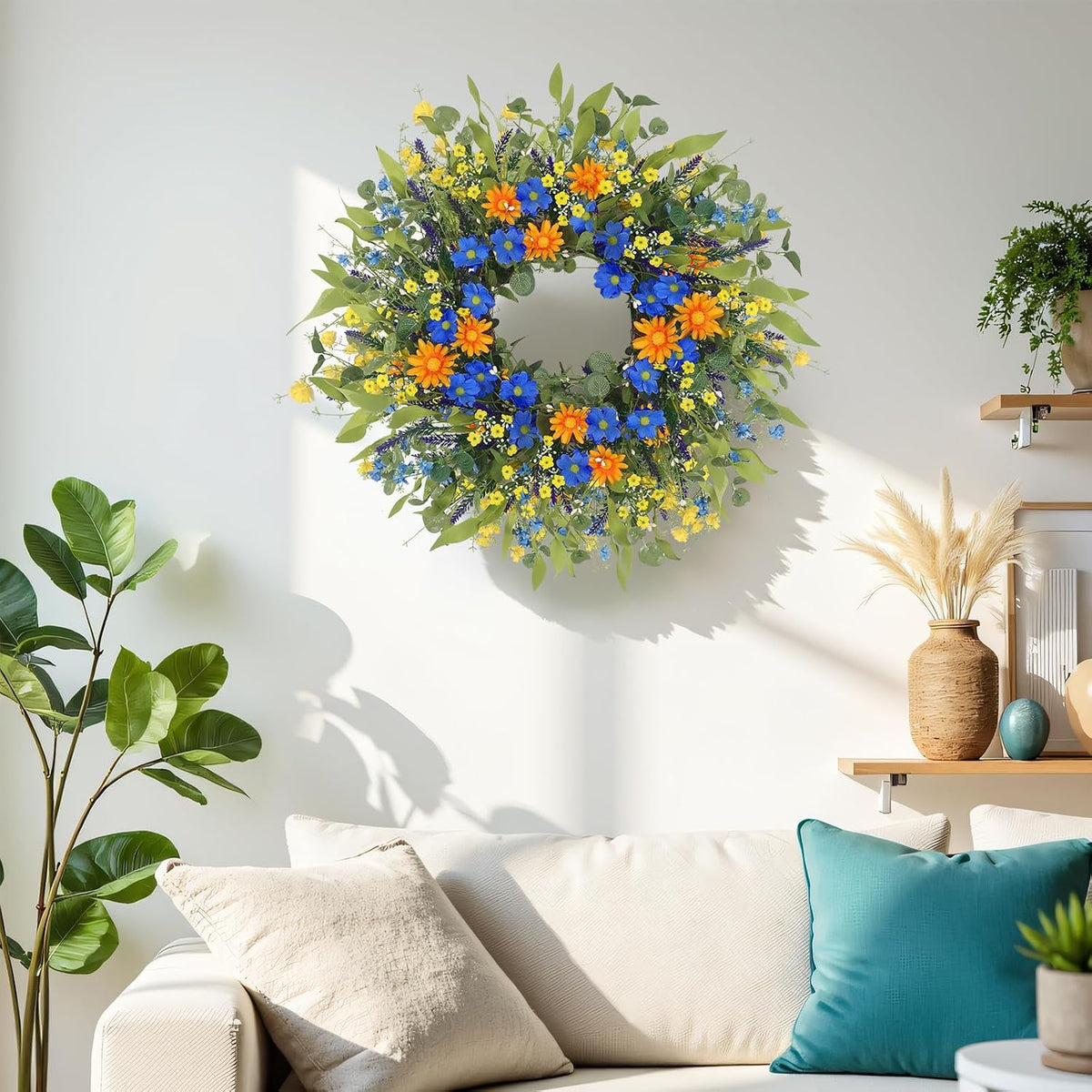 Yellow forsythia Door Wreath, 24 Inch Summer Wreaths for Front Door Outside, Hand Made Artificial Forsythia Flower Wreath for Front Door Window Wall Farmhouse Home Gift