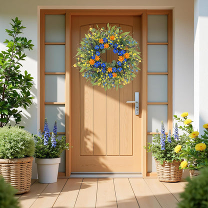 Yellow forsythia Door Wreath, 24 Inch Summer Wreaths for Front Door Outside, Hand Made Artificial Forsythia Flower Wreath for Front Door Window Wall Farmhouse Home Gift