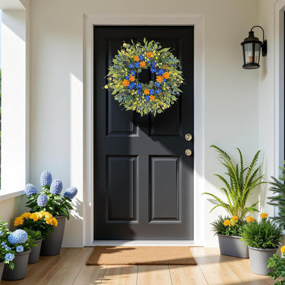Yellow forsythia Door Wreath, 24 Inch Summer Wreaths for Front Door Outside, Hand Made Artificial Forsythia Flower Wreath for Front Door Window Wall Farmhouse Home Gift